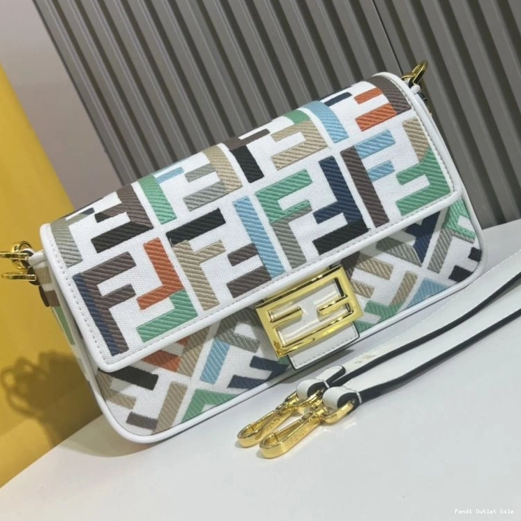 Cheap Multi FF In Canvas Medium White Baguette Motif Fendi Bag 0728